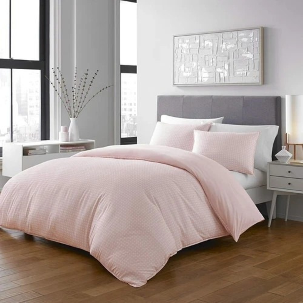 City Scene Penelope Duvet Set 2 Pillow Shams Full Double Size Pink White Squares